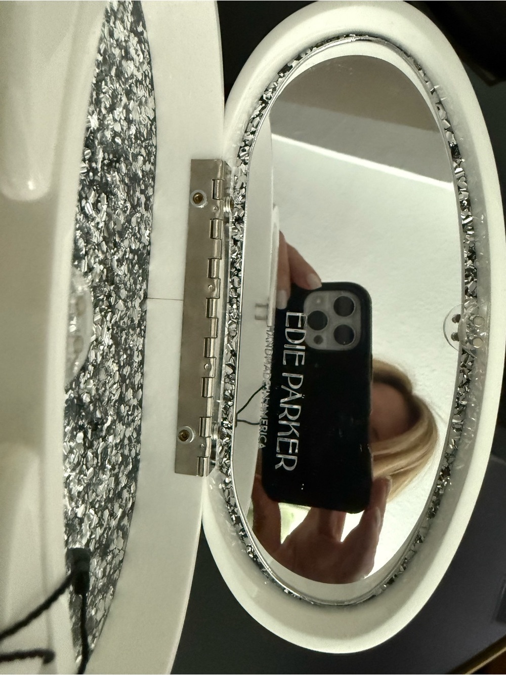 Edie Parker Silver Glitter Oval Clutch with White Handle Accent NWOT - Picture 5 of 8